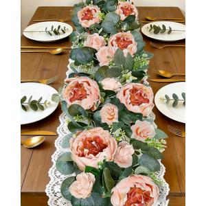 2 Pack 12Ft Artificial Eucalyptus Floral Garland with 16 Flowers Vintage Peony Rose, Pink Fake Flower Greenery Spring Garland Floral Vines for Mantle Wedding Arch Home Table Runner Backdrop Decor