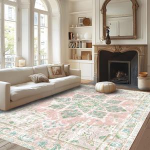 Vhong Boho Area Rugs Vintage Washable Neutral Modern Dusty Pink and Green 8x10 Non Slip Large Carpet for Nursery Living Room Dining Room Bedroom Farmhouse Girls Room