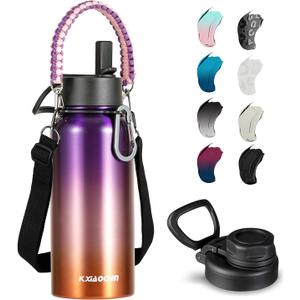 KXIAOCHEN Insulated Water Bottle, Stainless Steel Water Bottle, 2 Lids (Straw and Handle Lid),Wide Mouth Metal Water Bottles Keep Hot and Cold, Double Walled, Thermo Mug, Metal Canteen (40 Ounces, Tropical Fruit)