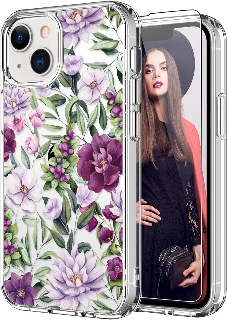 ICEDIO for iPhone 14+ Plus Case with Screen Protector - Clear with Fashionable Trendy Patterns-Designed for Women Girls - Slim Fit Cover - Protective Phone Case 6.7" - Pink Purple Flowers