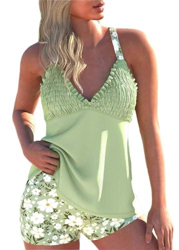 ROSEWE Womens Tankini Bathing Suits, Two-Piece Smocked Swim Dress, Print Swimsuits with Board Shorts Light Green. Large