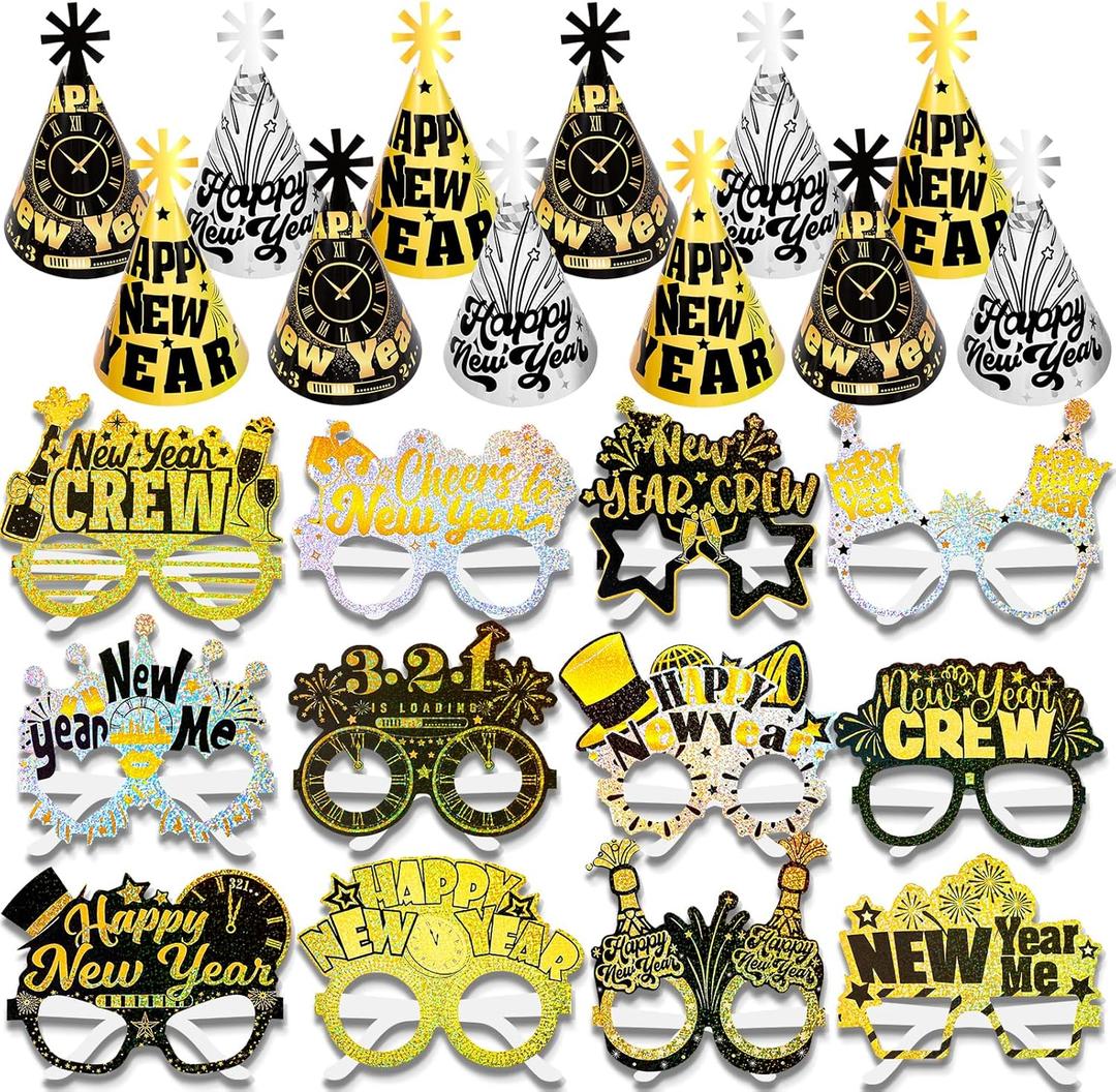 HOWAF 2026 New Year’s Eve Party Supplies, for 18 Guest, 2026 Happy New Year Party Decoration Include Cone Hats Tiaras Tassel Squawkers Glitter New Year Glasses 2026, Black and Gold Top Hats