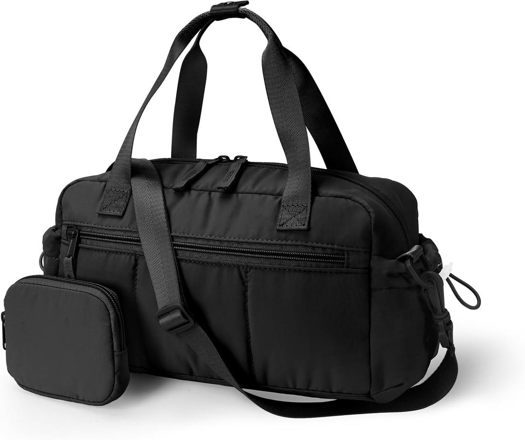 Ceneda Small Gym Bag for Women, Quilted Puffer Tote with Wet Pocket & Coin Purse, Lightweight Mini Sports Travel Duffle with Crossbody Strap, Water-Resistant for Workout, Yoga, Daily Commute (Black)