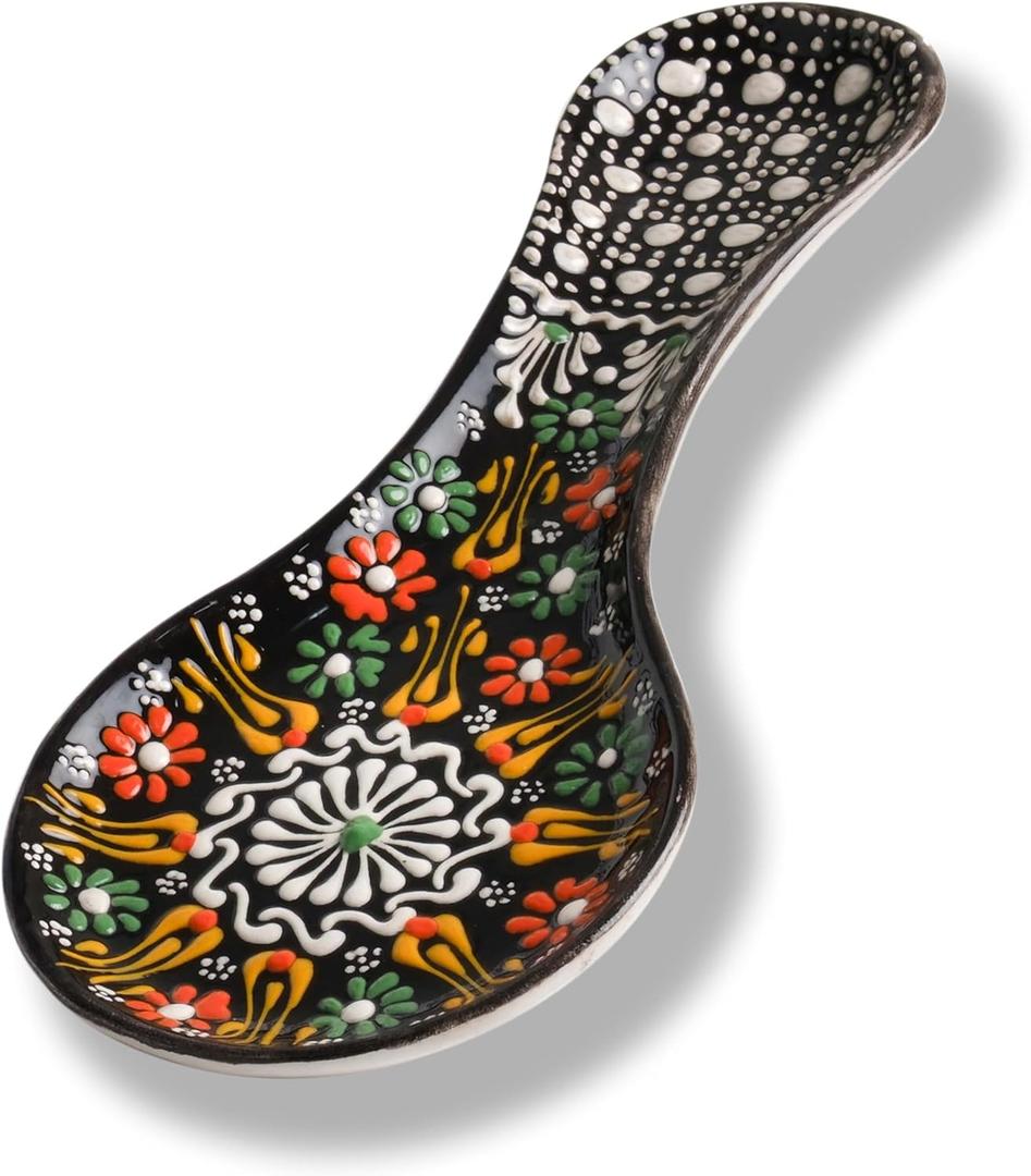 Handmade Spoon Rest, Ceramic Spoon Rest for Stove Top, 10" Spoon Rest for Kitchen Counter, Dishwasher Safe Spoon Holder for Stove, Housewarming Gifts Utensil Rest, Colorful Spoon Rests (Black)