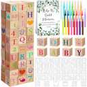 Wonderjune 147 Pcs Baby Shower Blocks Games Sets, 80 DIY Blank Wooden Block 42 Stencils 24 Watercolor Marker 1 Decorate a Block Game Sign for Gender Reveal Baby Shower Party Supplies(Eucalyptus)