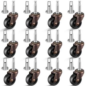 12 Set Antique Brass Casters for Furniture Legs with Rubber Wheels Casters Set 2" Vintage Stem Caster Wheels Replacement Furniture Rollers for Office Chairs Sofa Dresser Hardwood Floor