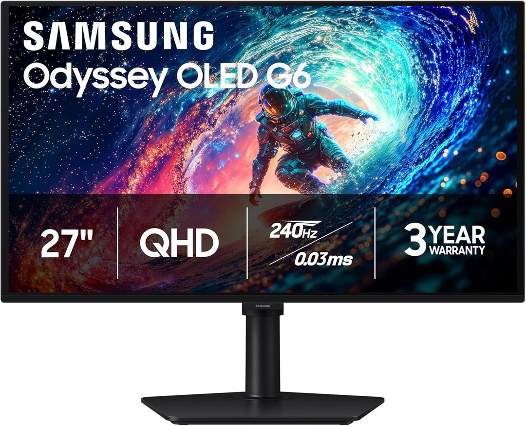 Samsung 27" Odyssey OLED G6 (G61SH) Gaming Monitor - QD-OLED, QHD (1440P), 240Hz, 0.03ms, Glare-Free, Pantone Validated, HDR10, Height-adjustable stand, OLED Safeguard, LS27HG612SNXZA
