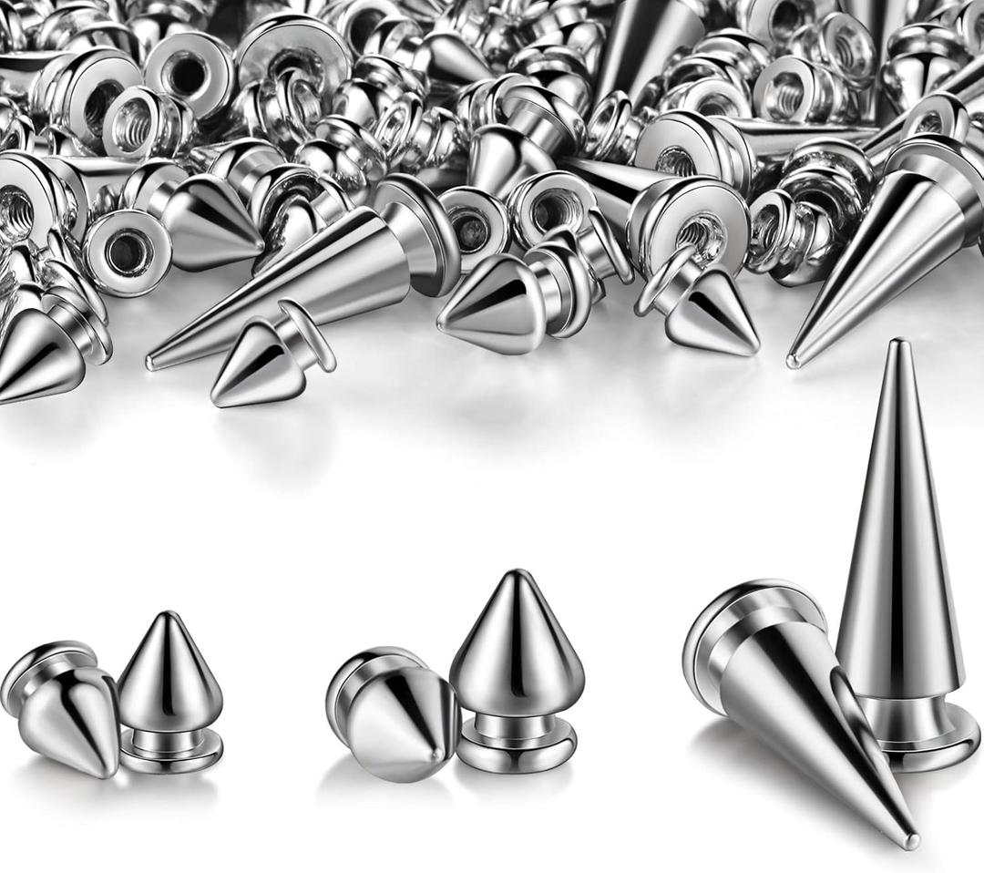 170 Pieces Multiple Sizes Cone Spikes Screwback Studs Rivets Large Medium Small Metal Tree Spikes Studs for Punk Style Clothing Accessories DIY Craft Decoration (Silver)