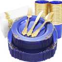 Nervure 175PCS Clear Blue Plastic Plates - Gold Plastic Plates Sets Include 25Dinner Plates, 25Dessert Plates, 25Cups, 25Forks, 25Knives, 25Spoons, 25Napkins for Weddings & Independence Day