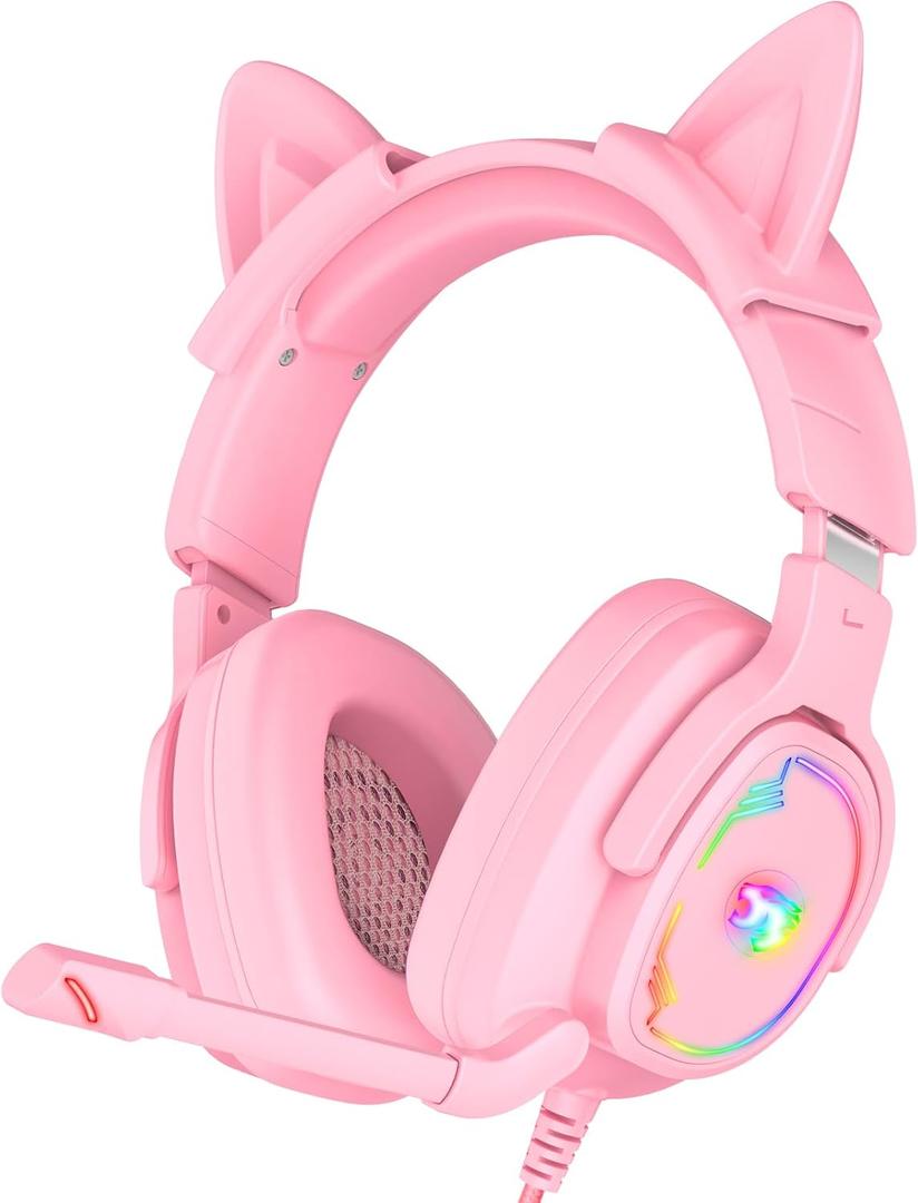 Jimonyer Gaming Headset for PC/PS4/PS5/Xbox One/Switch, Stereo Surround Sound Gaming Headphones with Noise Canceling Flexible Mic, Computer Headset with 3.5mm Jack & RGB Light (PinkCat)