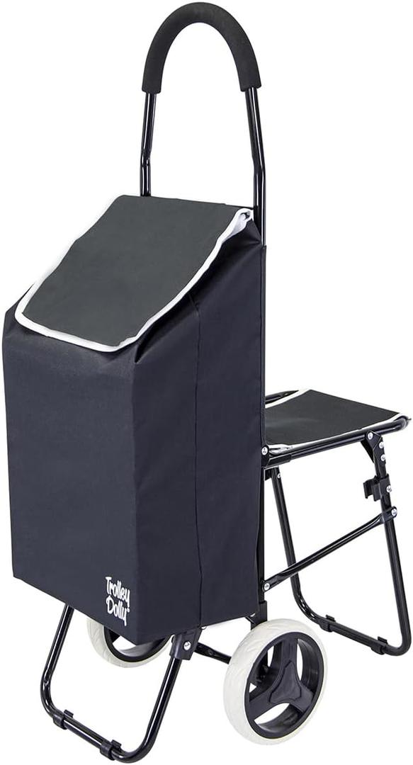 dbest Products Trolley Dolly Sport with Chair Foldable Grocery Cart on Wheels Multi Use Rolling Cart with Built-in Seat, Removable Bag, and Hand Truck Dolly Function, Black