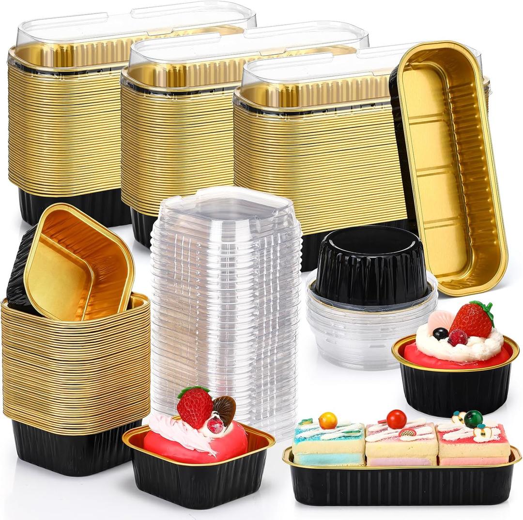 Rtteri 150 Pcs Mini Cake Pans with Lids Disposable Ramekins 6.8 oz 5 oz Aluminum Foil Cupcake Baking Cups, Rectangle Round Square Cupcake Liners Cake Tins for Flan Muffin Dessert Party Favors (Black)