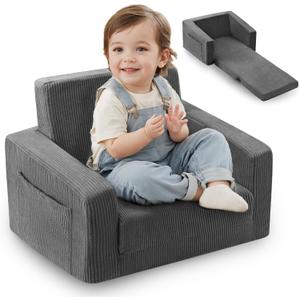 Toddle & Kids Chair,2-in-1 Soft Toddler Couches that Fold Out,Toddler Chairs Comfy 1-3 Years Old,Convertible Sofa to Lounge,Grey, 21.8 inches x 16.1 inches x 16 inches