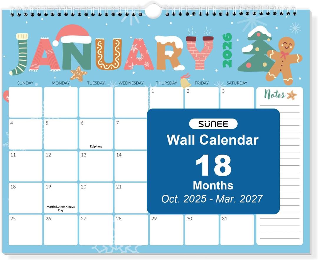 SUNEE 2026 Calendar- 18 Months Oct. 2025 - Mar. 2027, 14.5"x11.5" Big Grid Hanging Calendar 2026 with Note for Organizing & Planning, 2026 Wall Calendar with Note, Cute