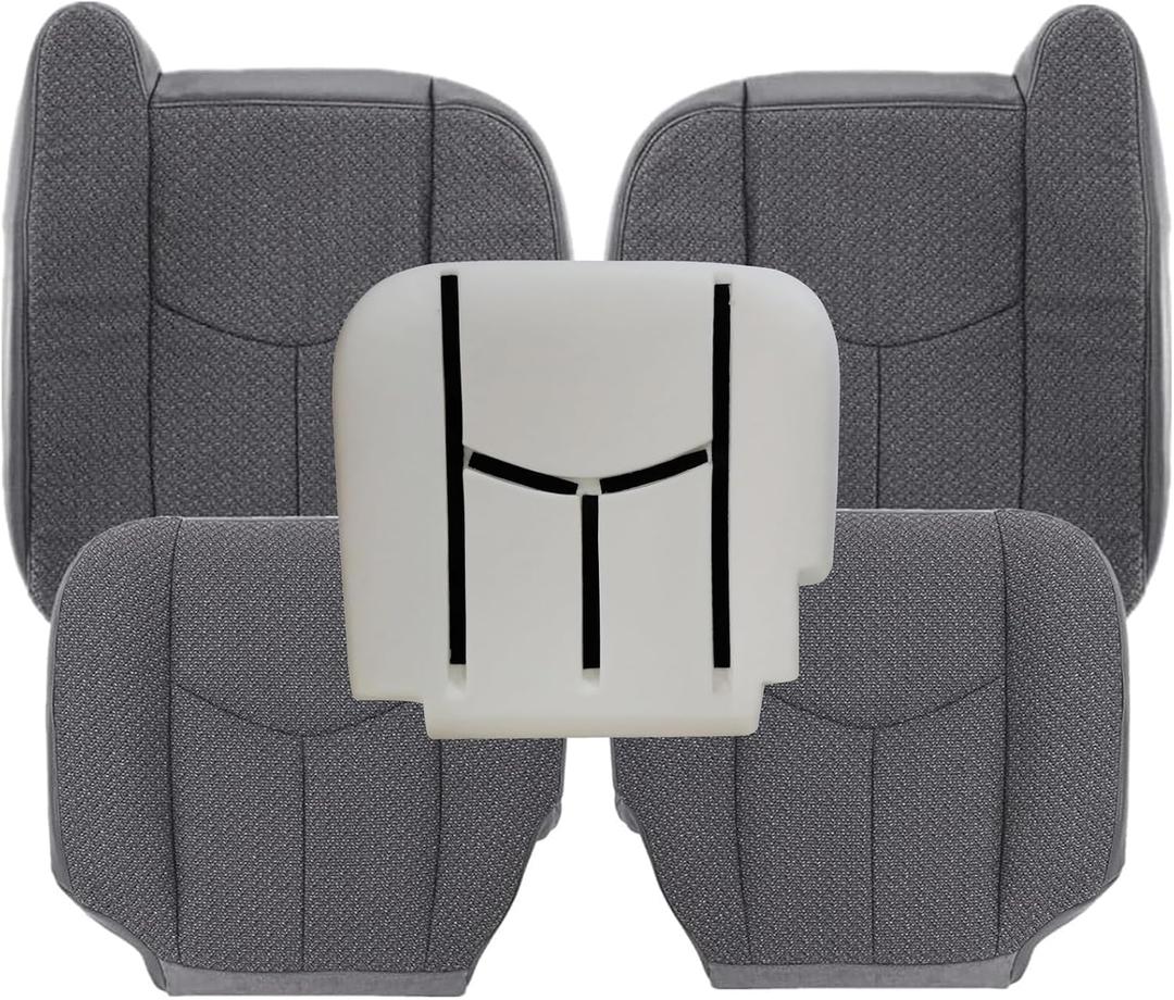 SecosAutoparts 5PCS Driver & Passenger Bottom & Top Lean Back & Driver Foam Cushion Dark Gray Replacement Cloth Seat Cover Compatible with Chevy Silverado GMC Sierra 2003 2004 2005 2006 2007