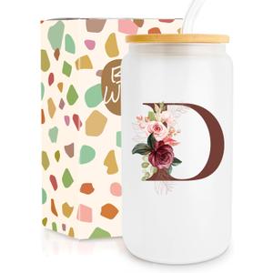 Birthday Gifts for Women, Personalized Gifts for Women, Monogrammed Initial Glass Cup - 16oz Glass Cups w Lids and Straws, Iced Coffee Cup, Personalized Mother Day Christmas Gift