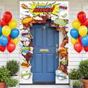 Preboun Hero Themed Party Decorations Porch Banner Welcome Hero Themed Birthday Backdrop Decoration Hanging Building Porch Sign for Wall Door Archway Birthday Red and Blue Party Photo Prop Decor