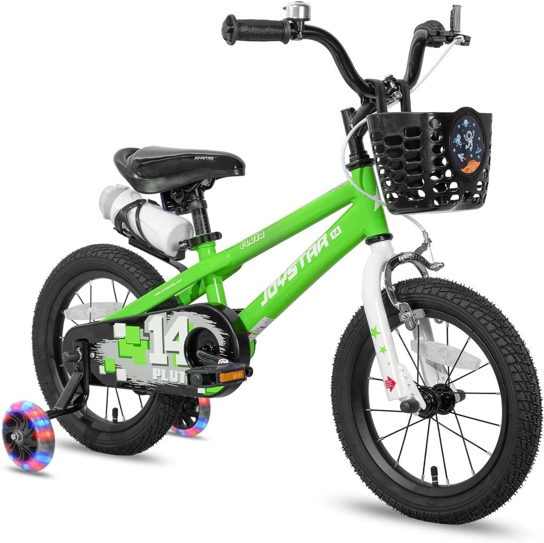 JOYSTAR Pluto 16" Kids Bike for Boys Girls Age 4-7 Years Green | BMX Style 16inch Bike Children Bicycles with Light Up Training Wheels Basket