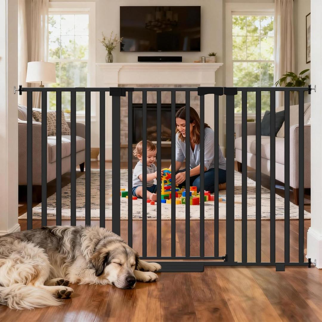 30"-62.5" Extra Wide Baby Gate for Doorways/Hallways,Pressure-Mounted Dog Gate Indoor for Stairs, Auto Close Pet Door for Child/pet Proof Safety, No Need Drilling,Black