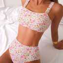 Fanuerg Women's High Waisted Bikini Sets Wide Straps Two Piece Swimsuit Floral Print Bathing Suits (White, L)