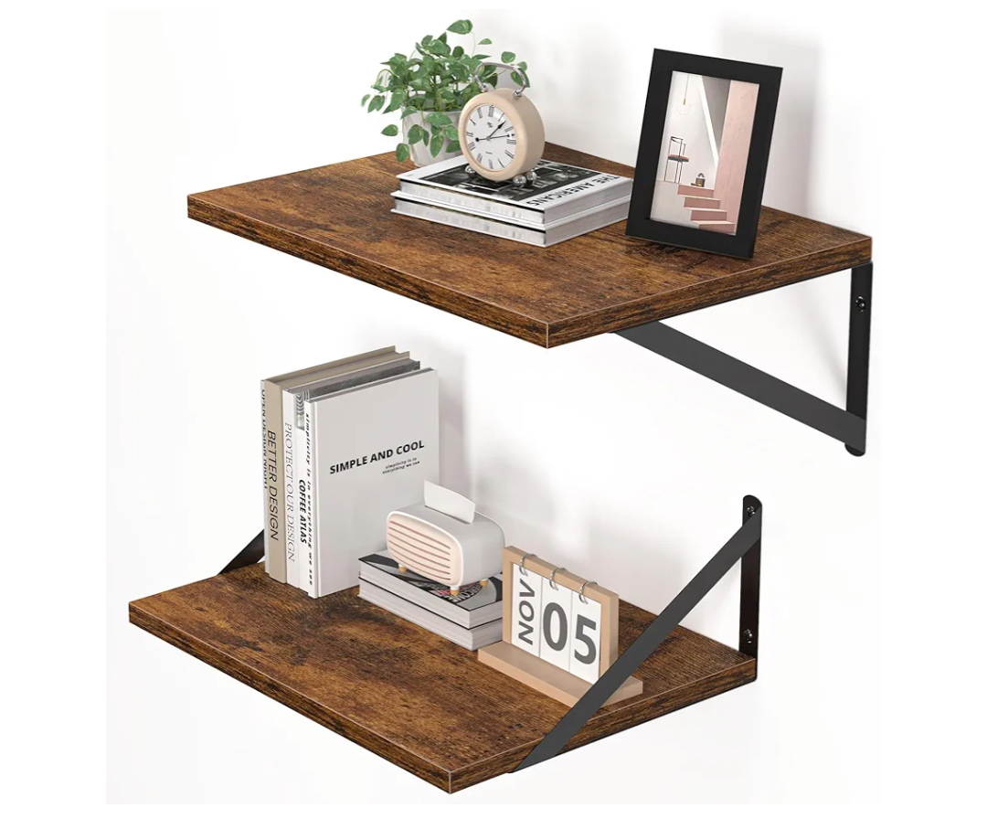 Heimlove Deep Floating Shelves for Wall, 16W x 12D Wood Wall Shelves Set of 2, Wide Floating Bookshelf for Living Room, Kitchen, Office, Bedroom and Decor Storage, with Metal Bracket - Rustic Brown