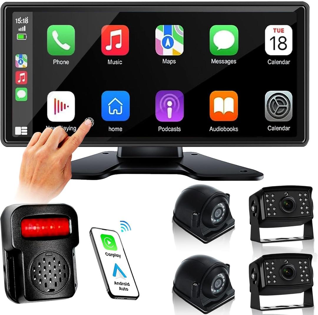 RV Backup Camera System with Carplay Android Auto, 10.36" Touch Quad Split Monitor + 1080P 4 Channel Cam with Mirror Link FM DVR Recording Night Vision Waterproof for RV Trailer Camper Truck