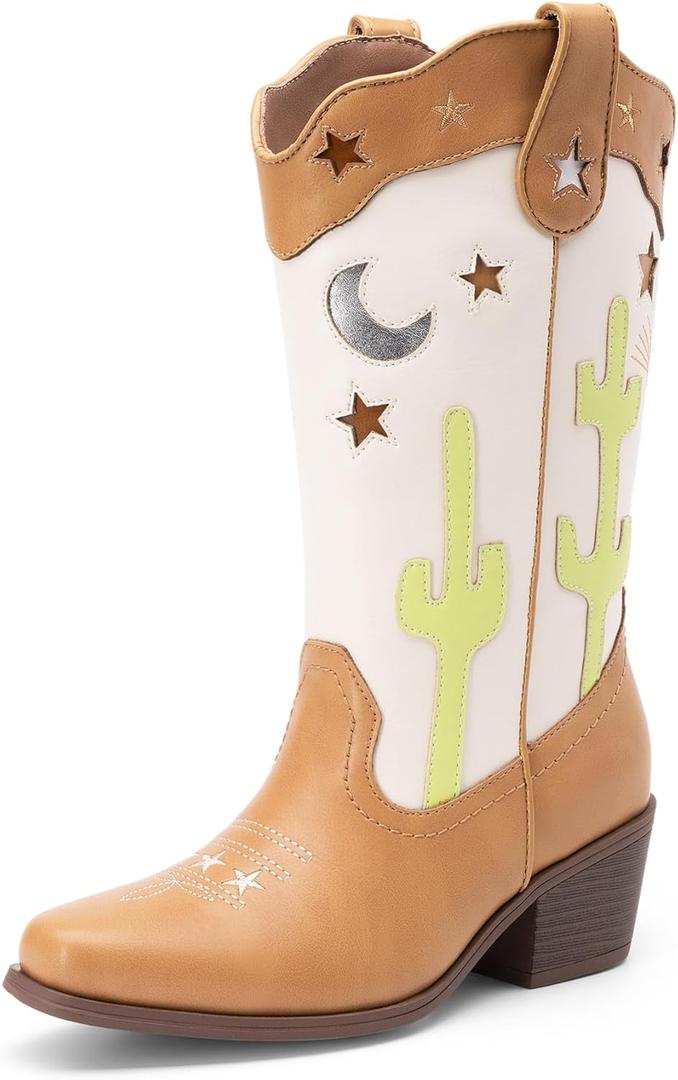 DREAM PAIRS Girls Cowboy Boots Cowgirl Mid Calf Western Boots with Low Heel Square Toe for Little Kid/Big Kid Beige/Tan, Size 4