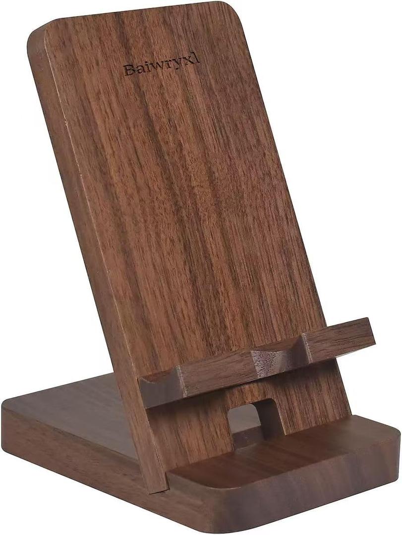 Wood Phone Stand of Baiwryxl, Desktop Wooden Phone Holder, Portable Office Phone Stand for Desk, Wood ipad Stand Compatible with iPhone & All Cell Phones (Walnut)