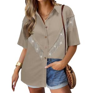 Nlife Women's Sparkly Fringe V Shaped Western Cowgril Button Down Shirt (Beige)