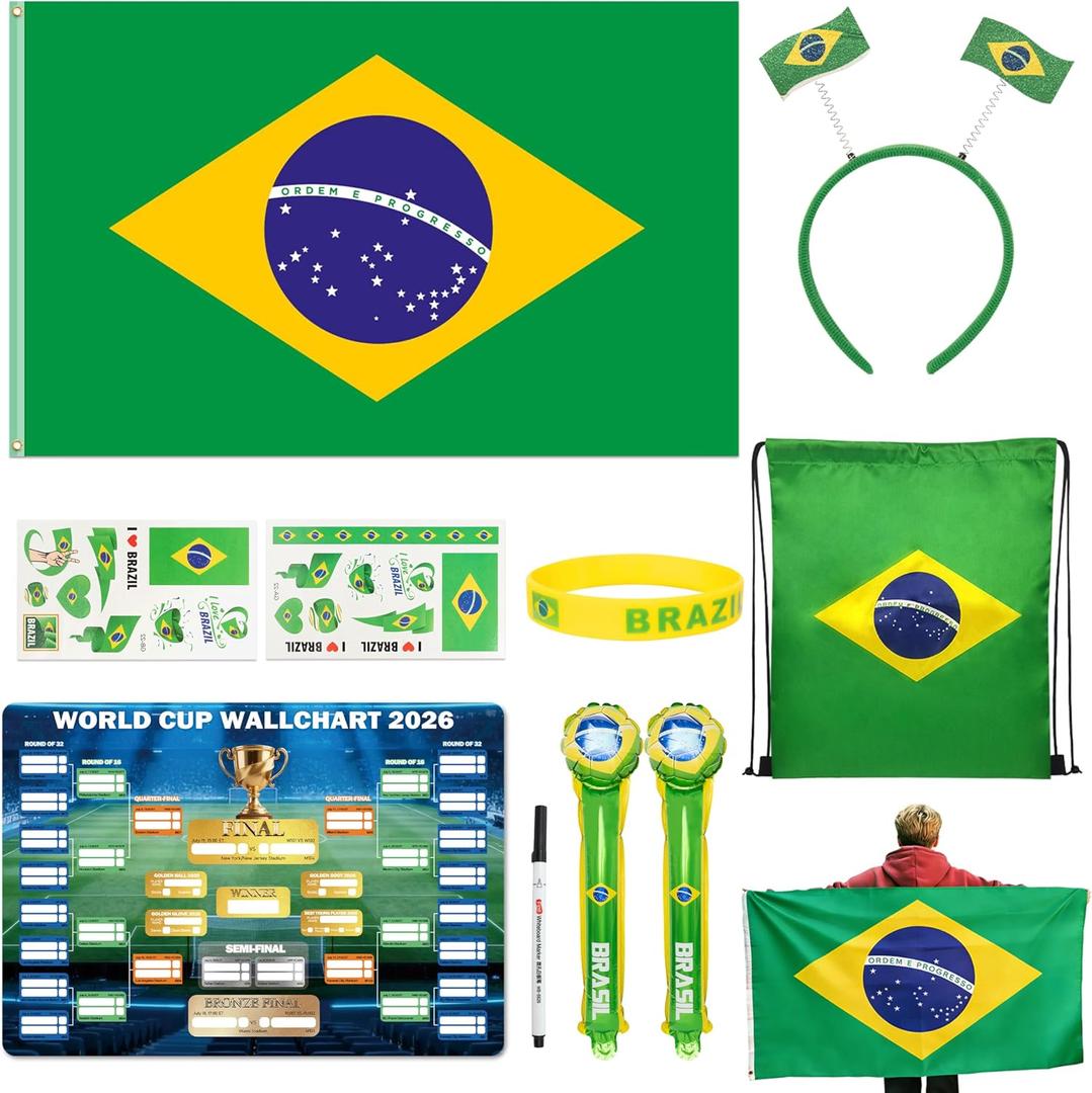 2026 World Cup Merch Soccer Fan Set Includes 10pcs Country Supporter Kit with Flag Headband, 2 Thunder Sticks,Flag,Wristband,Drawstring Bag,Dry Erase Schedule Poster & Pen