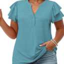 Plus Size Button Down Shirts for Women Cute Tops Casual V Neck Blouses Loose Fit Ruffle Short Sleeve Tunics 4X Navy Blue