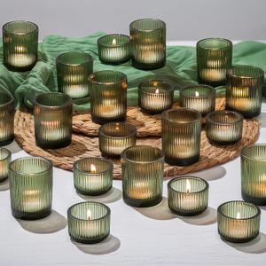 Glasseam Glass Tealight Candle Holder: 24 PCS Green Ribbed Votive Candle Holders Bulk Small Christmas Tea Lights Holders for Table Centerpiece Wedding Decor