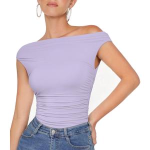 OMKAGI Women One Off Shoulder Y2K Tops Double Lined Slim Fit T Shirts Basic Tees (Purple)