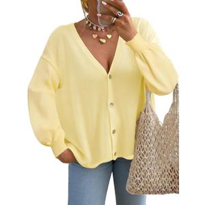 FireSwan Cardigan Sweater for Women Long Lantern Sleeve Oversized Knit Outfits Lightweight Trendy Spring Tops 2026 (Large, Yellow)
