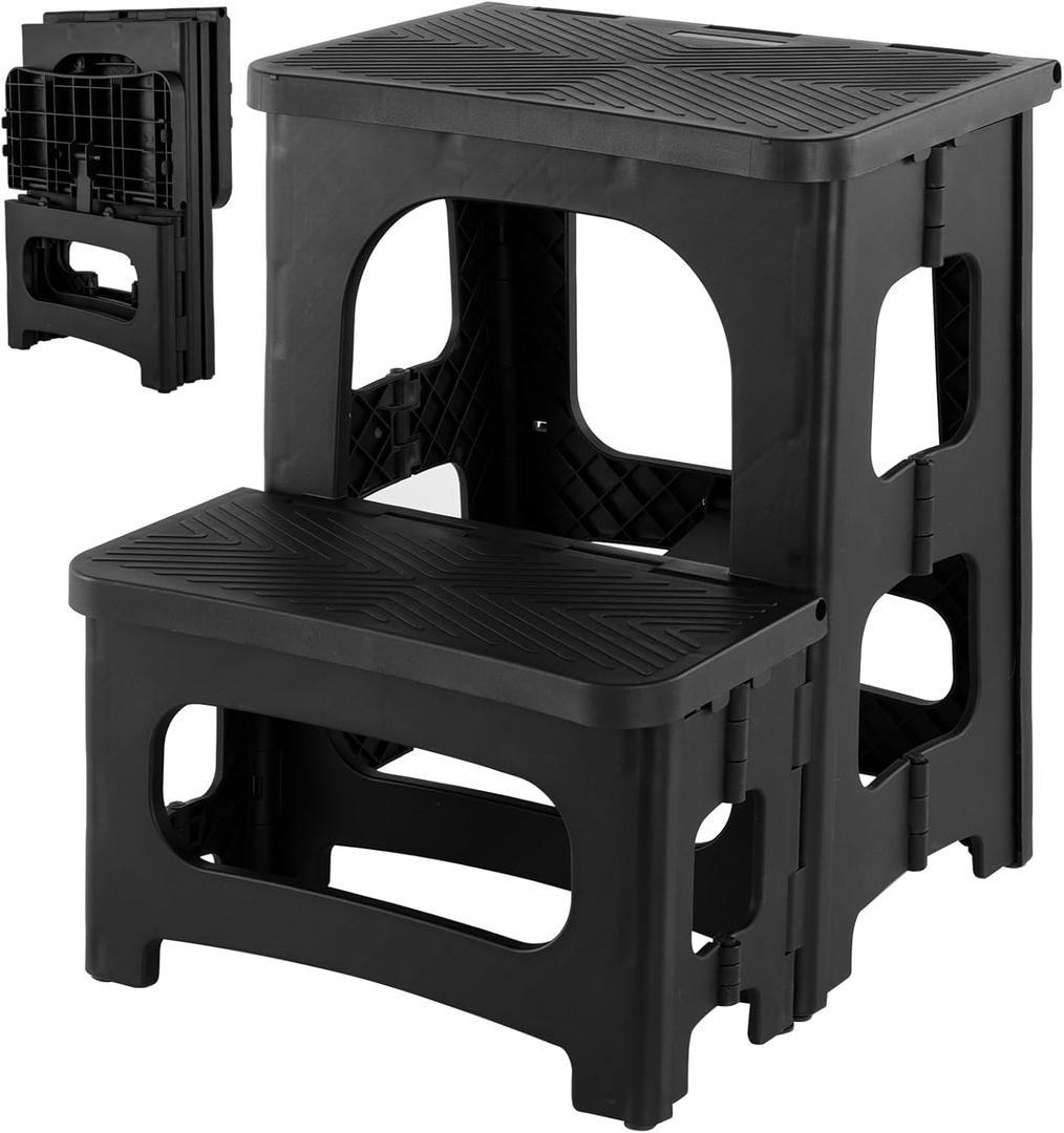 2-Step Folding Step Stool, Foldable & Dual Heights (8/17) | Non-Slip, Lightweight & Portable, Supports Up to 300 lbs, Ideal for Home, Office, Kitchen, RV, Boat Boarding & Camper Use (Black)