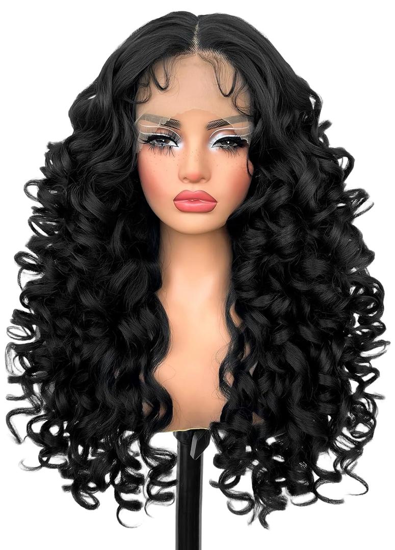 SOKU Long Curly Wig, Glueless Lace Front Wigs for Black Women 22 Inch Pre Plucked Ready to Wear Black Layered Wig with Natural Hairline 13x4x1 HD Lace Frontal