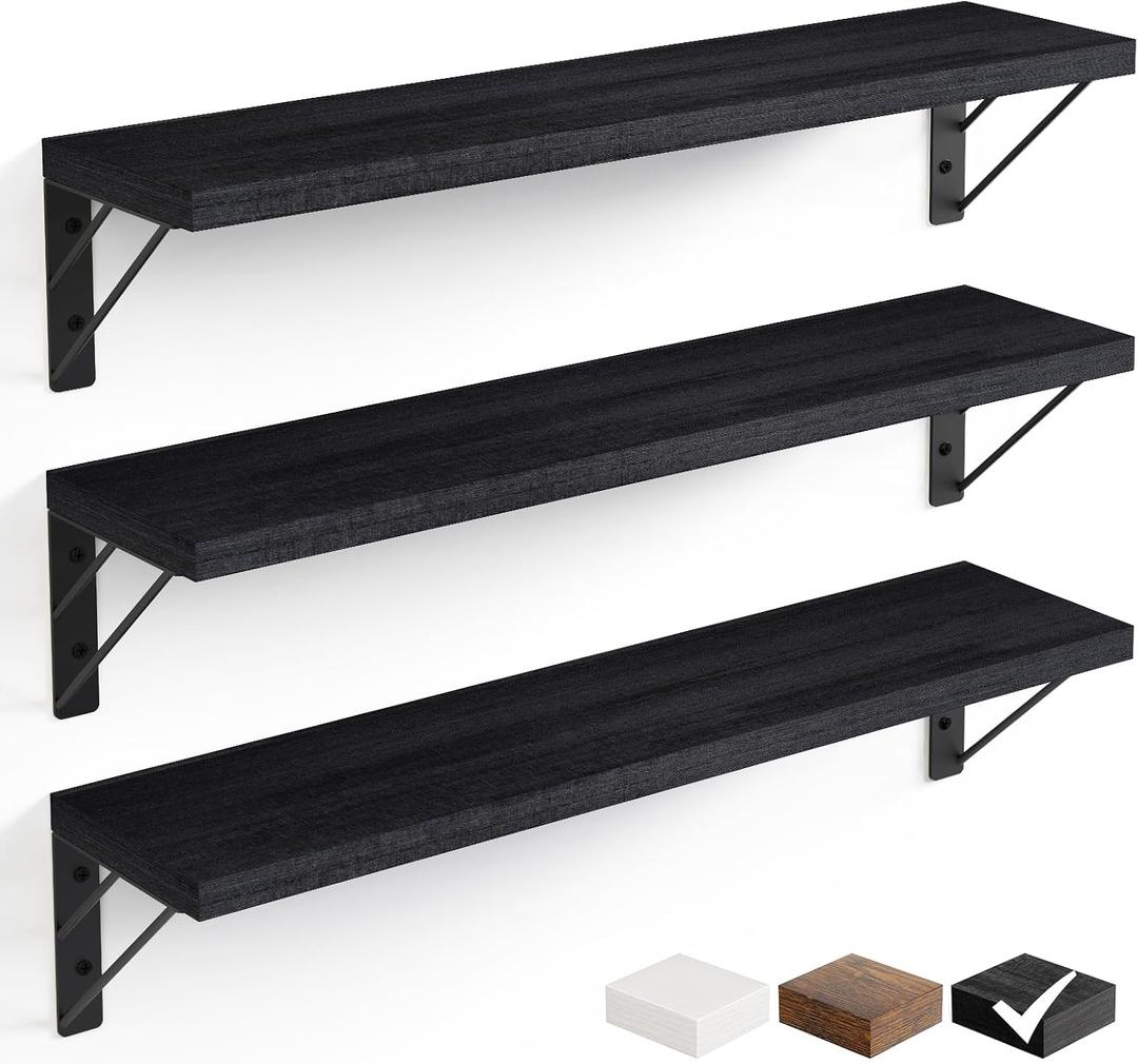BAYKA 22.4 Inch Long Wall Mounted Floating Shelves (Black, Set of 3, 22.4"), 22.4 inches Uniform