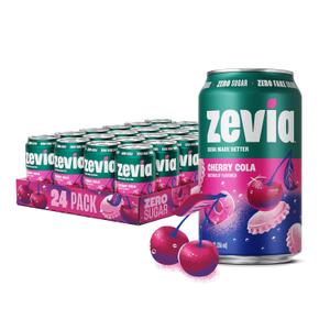 Zevia Zero Sugar Soda, Cherry Cola, 12 oz Cans (24-Pack) Naturally Sweetened, Non-GMO Project Verified, Gluten-Free, Vegan (EXP 11/20/27)