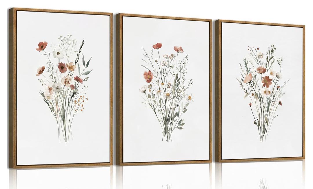 KISSFOX Framed Wildflower Wall Art Floral Canvas Wall Art Flower Pictures Wall Decor Watercolor Daisy Botanical Paintings Set of 3 for Bedroom Bathroom Living Room