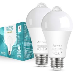 Motion Sensor Light Bulbs, Dusk to Dawn, 13W 100W Equivalent, Movement Activated Security LED Bulb, 5000K Cool White, for Outdoor Indoor, Porch Garage Basement Hallway Closet, 2 Pack