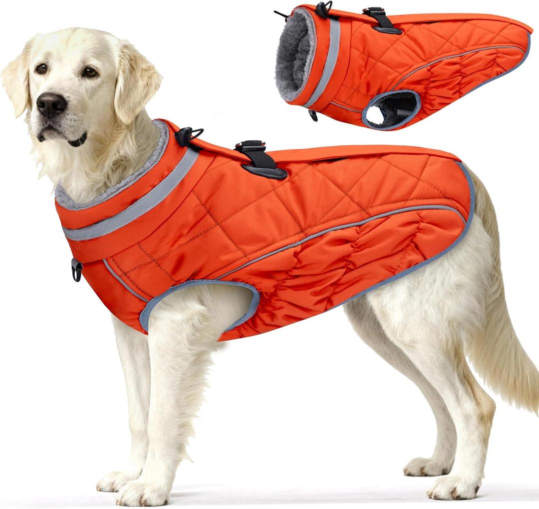 Dog Coat, Warm Dog Winter Coat for Large Dogs, Waterproof Jacket with Harness Built in, Reflective Turtleneck Cold Weather Coats with Zipper,Pet Fleece Vest Snow Jacket, Orange L