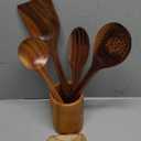 KAQISE 4Pcs Set of Wooden Kitchen Utensils with Holder & Spoon Rest, KAQISE Wooden Spoons&Spatulas for Cooking, Teak Utensils Set for Cooking, Handcrafted Nontoxic Wood Cooking Utensils for Xmas Gifts