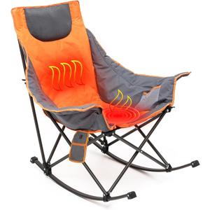 SUNNYFEEL Oversized Heated Camping Chair, Folding Rocking Camping Chairs with Luxury Padded Recliner, Carry Bag, 500 LBS Heavy Duty for Lawn/Outdoor/Picnic/Patio, Portable Rocker Camp Chair (1 PC, Heated Orange)