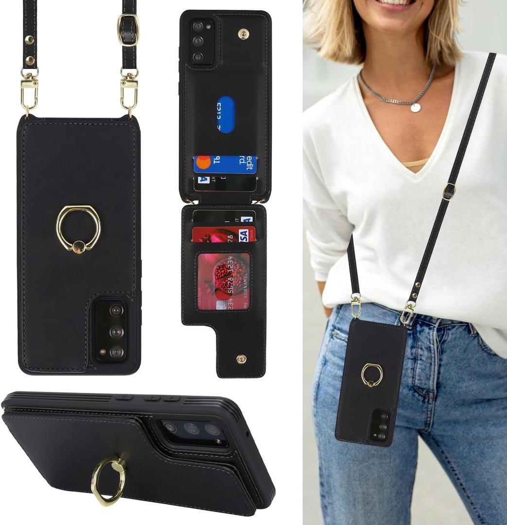 Lipvina for Samsung Galaxy Note 20 Ultra Case with Card Holder and Strap for Women,Crossbody Lanyard,RFID Blocking,Ring Stand,Snap Clasp,Phone Wallet Cases 6.9 inch(Black)