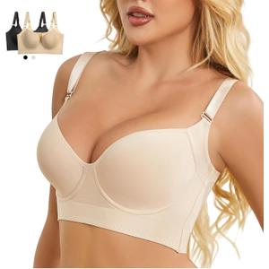 Push Up Bra for Women - Uplift Sculpting T-Shirt Bra with Full Back Coverage and Back Fat Smoothing (38D, Beige)