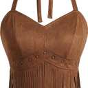 UpFind Women's Brown Fringe Halter Tops Sexy Faux Suede Boho Tops Cowgirl Outfits for Women, Large