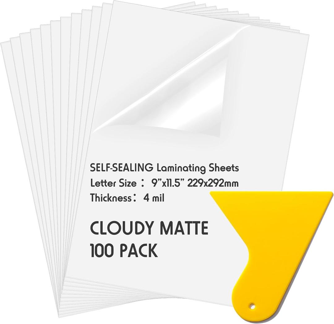Kosiz 100 Pack Matte Self Adhesive Laminating Sheets, 9 x 11.5 Inches, 4 Mil Thick for Letter Size 8.5 x 11 Matte Finish Self Lamination Sealing, No Heat Laminating, With Scraper