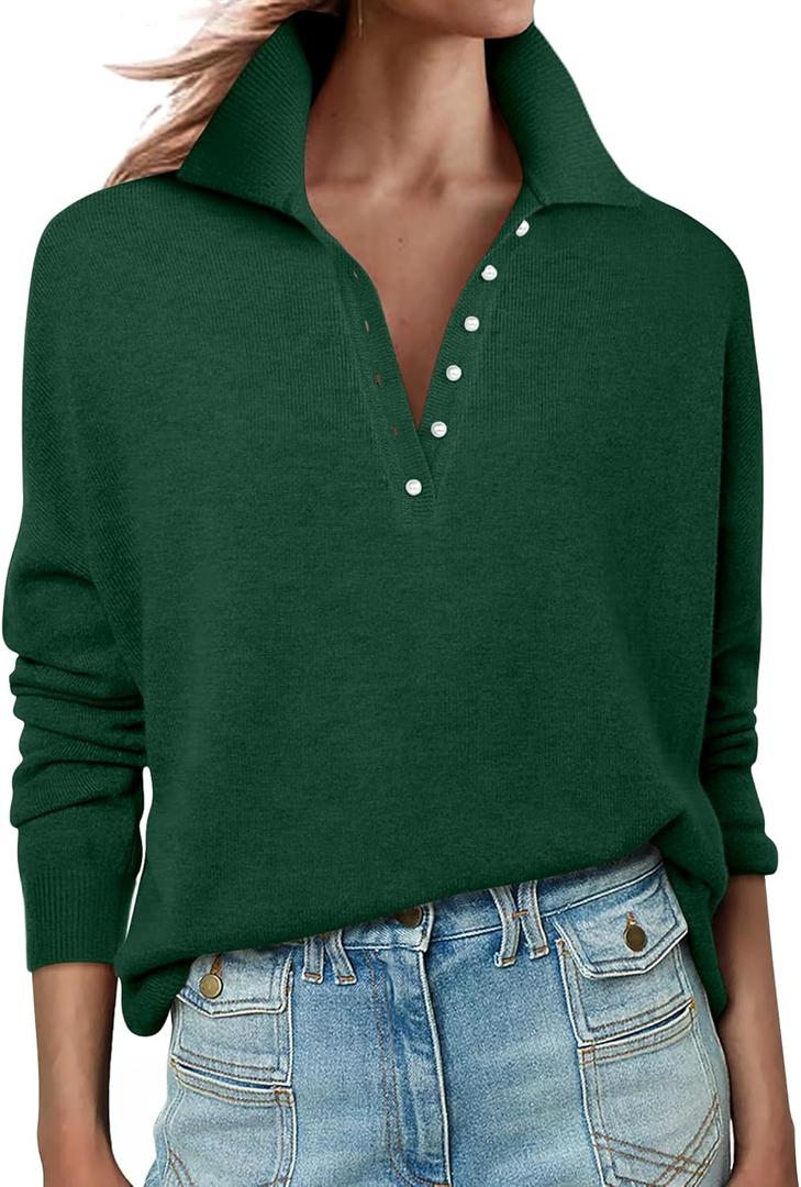 ANRABESS Womens Long Sleeve Polo Sweaters Knit Button Shirt Lightweight Dressy Casual Basic Pullover Tops 2025 Fall Fashion (X-Large, Forest Green)