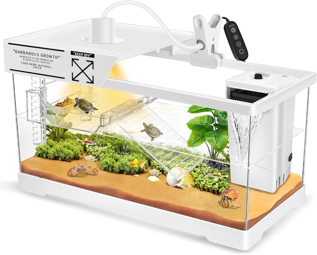 SUNSUN Aquatic Turtle Tank+Lamp+Filter Kit, Upgrade PC Turtle Tank Kit with Adjustable 360Lamp & Filter,Reptile Habitat Lid,Hanging Platform for Small Reptiles.(19.68 9.52 9.44''/Large-White)