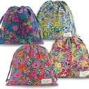RoyYam 4-Pack Cotton Drawstring Gift Bags, 10.2" x 11" Floral Fabric Gift Pouches, Reusable Muslin Storage Sacks for Travel, Makeup, Jewelry & Wedding Favors, Baby Shower & Party Favors
